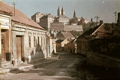 Magyarország, Veszprém, Eszterházy Antal (Szabad nép) utca a Vár felé nézve., 1966, Herth Viktória dr, Bodó Emma, színes, utcakép, villanyoszlop, Fortepan #76503