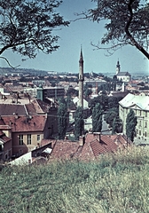 Magyarország, Eger, kilátás a Várhegyről. Előtérben a Minaret, háttérben jobbra a Szent Miklós Görögkeleti Szerb (Rác) templom., 1966, Erky-Nagy Tibor, színes, minaret, Fortepan #76647