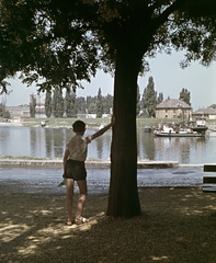 Magyarország, Baja, Petőfi-sziget, a Sugovica (Kamarás-Duna) túlpartján balra a strand és a gázgyár., 1968, Erky-Nagy Tibor, hajó, színes, Fortepan #76730