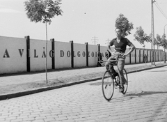 Magyarország, Budapest XIII., Váci út, balra a Ganz Hajógyár kerítése., 1950, Magyar Rendőr, kerékpár, politikai dekoráció, mutatvány, Budapest, csípőre tett kéz, keramit, téglakerítés, Fortepan #7686