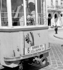 Hungary, Budapest II., Margit híd budai hídfő, villamosmegálló., 1950, Magyar Rendőr, tram, destination sign, Budapest, public transport line number, bumper, Fortepan #7689