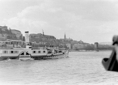 Magyarország, Budapest, budai látkép Pest felől a budai Várral és a Széchenyi Lánchíddal, előtérben a Dunaföldvár gőzhajó., 1962, Fortepan, hajó, híd, látkép, gőzhajó, Duna, lapátkerekes hajó, Dunaföldvár/Bácska/Venus hajó, függőhíd, William Tierney Clark-terv, Fortepan #7713