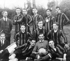 1925, Fortepan, sport, labdarúgás, csoportkép, férfiak, futballcsapat, sport mez, focilabda, csíkos ruha, Fortepan #7737