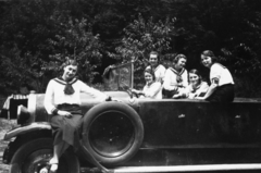 1930, Ördögh János, sailor blouse, automobile, spare wheel, sitting on a car, girls'n'cars, Fortepan #77574