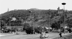 Magyarország, Budapest I., Szarvas tér a Gellért-hegy felé nézve., 1966, Pálffy György, villamos, Budapest, Szent Gellért-ábrázolás, Fortepan #77587