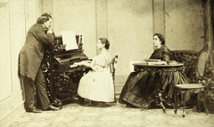 A felvétel az 1860-as években készült., 1900, Kiss Katalin, fashion, musical instrument, tableau, women, interior, piano, man, Fortepan #77936