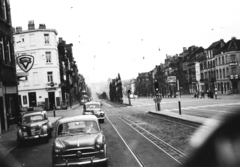 Belgium, Brüsszel, Boulevard Leopold II, balra a Rue Vandernoot torkolata., 1958, Fülöp Imre, Kalocsai István, francia gyártmány, villamosmegálló, automobil, Peugeot-márka, Peugeot 403, Fortepan #78002