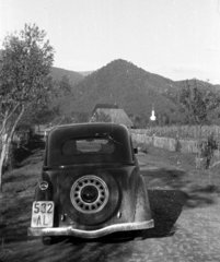 1939, Berkó Pál, templom, automobil, rendszám, Ford Eifel, pótkerék, Fortepan #78561