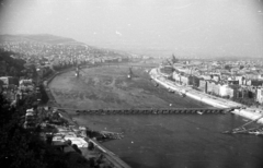 Hungary, Budapest, kilátás a Gellérthegyről, előtérben a Petőfi (Böske) pontonhíd., 1946, Berkó Pál, war damage, picture, wrecked bridge, parliament, Danube, pontoon bridge, Kossuth-bridge, Fortepan #78771