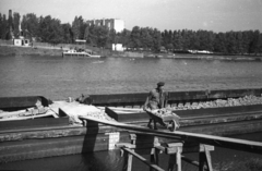 Magyarország, Budapest XX.,Budapest XXI., partépítés a Csepel-szigeten a Ráckevei (Soroksári)-Dunánál, túlparton Pesterzsébet hajóállomás., 1948, Berkó Pál, Budapest, munkás, palló, talicska, kubikos, Fortepan #78911