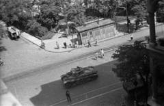 Hungary, Budapest VIII., József körút és a Rákóczi tér a Kölcsey utcából nézve., 1944, Berkó Pál, Hungarian brand, tank, public toilet, Budapest, ice transporting vehicle, Fortepan #78993