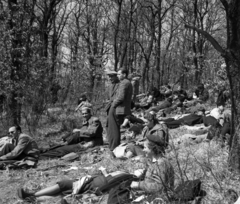 Magyarország, Pilis hegység, április 4-i emléktúra a Vöröskő-sziklához, természetbarát találkozó., 1955, Berkó Pál, napozás, pihenés, turista, Fortepan #79144