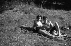 1946, Berkó Pál, hairy chest, stretched legs, sunbathe, man and woman, relaxation, grass, Fortepan #79212