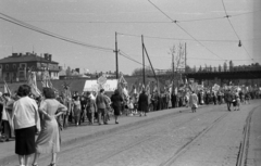 Hungary, Budapest XIV., Thököly út a Hungária körút és Francia út között, szemben a ceglédi vasútvonal felüljárója., 1955, Berkó Pál, march, csibi lamp, rails, Budapest, Fortepan #79235