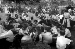 1955, Berkó Pál, sitting on the ground, relaxation, 1st of May parade, Fortepan #79303