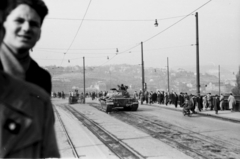 Magyarország, Budapest II., Margit híd a szigeti lejárónál., 1956, Berkó Pál, forradalom, harckocsi, Budapest, Fortepan #79412