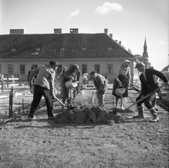 Magyarország, Budapest V., Vigadó (Molotov) tér, ÁMTI (későbbi UVATERV) székház építkezése., 1950, UVATERV, építkezés, betonozás, Budapest, Nyiri István-terv, Fortepan #79582