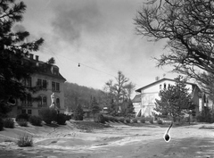 Hungary, Salgótarján, Zemlinszky Rezső (Bajcsy-Zsilinszky) út 9., balra a Megyei pártbizottság (korábban a Salgótarjáni Kőszénbánya Rt. Bányaigazgatóság) épülete, előtte a Bányász emlékmű (id. Szabó István, 1955.)., 1955, UVATERV, public building, sculpture, Fortepan #79709