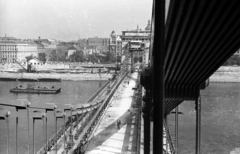 Magyarország, Budapest V., Széchenyi Lánchíd az újjáépítéskor, a pesti hídfő felé nézve., 1949, UVATERV, hídépítés, Budapest, függőhíd, William Tierney Clark-terv, Fortepan #79856