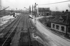 Magyarország, Budapest XXI., csepeli gyorsvasút építése a Kvassay hídtól Csepel felé nézve., 1950, UVATERV, teherautó, Csepel-márka, HÉV, Budapest, Fortepan #79925