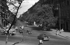 Hungary, Budapest VI., Andrássy (Sztálin) út a Bajcsy-Zsilinszky út felől nézve., 1954, UVATERV, traffic, street view, cobblestones, automobile, Mercedes-Benz 170V, candy store, Budapest, crosswalk, Fortepan #79950