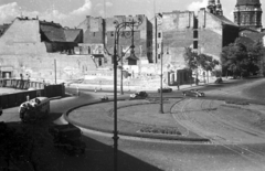 Hungary, Budapest V., Deák Ferenc tér, a lebontott Kemnitzer ("Két török") ház helye., 1954, UVATERV, church, bus, Hungarian brand, street view, Ikarus-brand, ruins, motorcycle with sidecar, firewall, lamp post, csibi lamp, automobile, Mercedes-Benz 170V, rails, roundabout, Budapest, Fortepan #79968