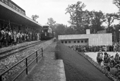 Magyarország, Hűvösvölgy, Budapest II., a Gyermekvasút (Úttörővasút) végállomása. Ünnepség a teljes vonal átadása alkalmából., 1950, UVATERV, Gyermekvasút, MÁV ABmot motorkocsi, Budapest, Fortepan #79977