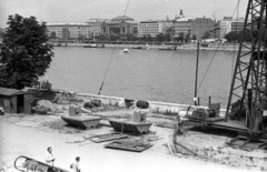 Magyarország, Budapest I., Szent Gellért rakpart az Erzsébet híd építése idején, szemben a Vigadó tér., 1962, UVATERV, Budapest, Fortepan #80306