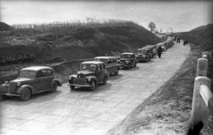 Magyarország, Zengővárkony, a 6-os főút Bolond úti völgyhídjának avatása., 1954, UVATERV, csehszlovák gyártmány, Tatra-márka, német gyártmány, brit gyártmány, szovjet gyártmány, GAZ-márka, Skoda-márka, cseh gyártmány, EMW-márka, GAZ M20 Pobeda, Skoda 1101/1102 Tudor, EMW 340, Vauxhall-márka, Vauxhall Velox, rendszám, Tatra 57B, Fortepan #80347