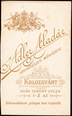 Románia,Erdély, Kolozsvár, Ovár Torony utca 1-3., Adler Aladár fényképészeti műintézete., 1900, Fortepan, műterem, fényképész, hátlap, Fortepan #81003