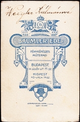 Magyarország, Budapest IX.,Budapest XIX., Üllői út 71. / Fő utca 14., Bäumler Ede fényképészeti műterme., 1900, Fortepan, műterem, fényképész, hátlap, Budapest, Fortepan #81028