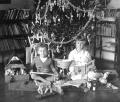 1947, Fortepan, Christmas, christmas tree, girl, kid, interior, toy, bookshelf, kid, storybook, Fortepan #8106