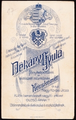 Magyarország, Kecskemét, Nagykörösi utca 9., Dékány Gyula fényképészeti  és festészeti műintézete., 1911, Fortepan, műterem, fényképész, hátlap, Fortepan #81080