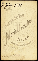 Románia,Erdély, Arad, Templom utca, Drescher Mária fényképész műterme., 1900, Fortepan, műterem, fényképész, hátlap, Fortepan #81096