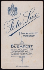 Magyarország, Budapest VIII., Rákóczi út 57., Fotó Lux fényképészeti műterem., 1900, Fortepan, műterem, fényképész, hátlap, Budapest, Fortepan #81120