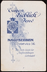 Románia,Erdély, Nagyszeben, Erzsébet utca 56., Lieblich Jenő fényképész., 1900, Fortepan, műterem, fényképész, hátlap, Fortepan #81245