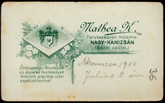 Magyarország, Nagykanizsa, Bazár épület, Mathea Károly  fényképészeti műterme., 1904, Fortepan, műterem, fényképész, hátlap, Fortepan #81272