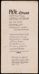 Magyarország, Székesfehérvár, Várkörút 29., Pete Gyula fényképész., 1900, Fortepan, műterem, fényképész, hátlap, Fortepan #81315