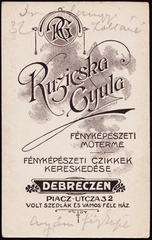 Magyarország, Debrecen, Piac utca 32., Ruzicska Gyula fényképészeti műterme., 1900, Fortepan, műterem, fényképész, hátlap, Fortepan #81337