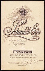 Magyarország, Budapest VIII., Baross utca 61., Schmidt Ede fényképészeti műterme., 1900, Fortepan, műterem, fényképész, hátlap, Budapest, Fortepan #81345