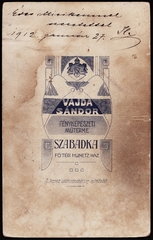 Serbia, Subotica, Fő tér, Kunetz ház, Vajda Sándor fényképészeti műterme., 1912, Fortepan, studio, photographer, verso, Fortepan #81404