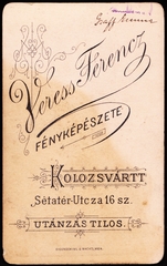 Románia,Erdély, Kolozsvár, Sétatér utca 16., Veress Ferenc fényképészete., 1900, Fortepan, műterem, fényképész, hátlap, Fortepan #81415