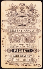 Magyarország, Pécs, Király utca 1., Zsolnay féle "Bazár", Zelesny Károly fényképész., 1900, Fortepan, műterem, fényképész, hátlap, Fortepan #81426