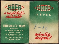 Magyarország, Budapest V.,Budapest VI.,Budapest VII., Károly körút 28. / Andrássy út 31. / Rákóczi út 80., HAFA Hacsek és Farkas fotólaboratóriuma., 1942, Fortepan, fényképtartó tasak, fotólaboratórium, Budapest, Fortepan #81525