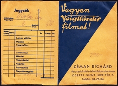 Magyarország, Budapest XXI., Szent Imre tér 7., Zéman Richárd fotószaküzlete és fotólaboratóriuma., 1937, Fortepan, fényképtartó tasak, fotószaküzlet, fotólaboratórium, Budapest, Fortepan #81584