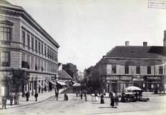 Magyarország, Budapest IX., a Ráday (Soroksári) utca a Kálvin tér felől nézve. A felvétel 1895 körül készült. A kép forrását kérjük így adja meg: Fortepan / Budapest Főváros Levéltára. Levéltári jelzet: HU.BFL.XV.19.d.1.07.064, 1900, Budapest Főváros Levéltára / Klösz György fényképei, Klösz György, cégtábla, üzletportál, Budapest, Fortepan #82388