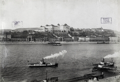 Magyarország, Budapest V.,Budapest I., a Várkert Bazár és a Királyi Palota (később Budavári Palota) a pesti oldalról, a Hungária Szállóból nézve. A felvétel 1898 körül készült. A kép forrását kérjük így adja meg: Fortepan / Budapest Főváros Levéltára. Levéltári jelzet: HU.BFL.XV.19.d.1.08.092, 1900, Budapest Főváros Levéltára / Klösz György fényképei, Klösz György, Duna, Budapest, gőzhajó, Fortepan #82617