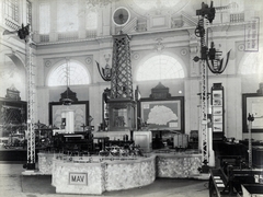 Magyarország, Városliget, Budapest XIV., "Millenniumi kiállítás: Magyar Államvasutak pavilonja kiállítási tárgyakkal (Iparcsarnok). A felvétel 1896-ban készült." A kép forrását kérjük így adja meg: Fortepan / Budapest Főváros Levéltára. Levéltári jelzet: HU.BFL.XV.19.d.1.10.110, 1900, Budapest Főváros Levéltára / Klösz György fényképei, Klösz György, MÁV, térkép, zászló, Budapest, nemzeti jelkép, Ezredéves Országos Kiállítás, gyűjtemény, Fortepan #82945