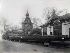 Magyarország, Városliget, Budapest XIV., Millenniumi kiállítás: fatelep háttérben a Horvát erdészeti pavilon. A felvétel 1896-ban készült. A kép forrását kérjük így adja meg: Fortepan / Budapest Főváros Levéltára. Levéltári jelzet: HU.BFL.XV.19.d.1.10.247, 1900, Budapest Főváros Levéltára / Klösz György fényképei, Klösz György, Budapest, Ezredéves Országos Kiállítás, Fortepan #83081