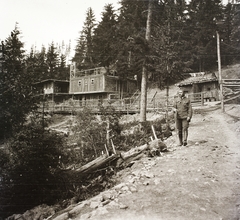 Romania,Transylvania, Sânmartin, harcálláspont a község közelében a Káposztás havasokban., 1917, Ebner, First World War, aerial wire, soldier, pine forest, hillside, Fortepan #83658